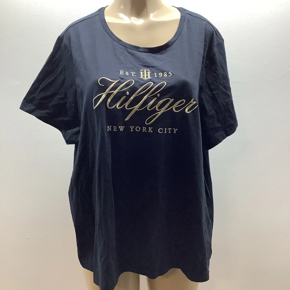 Tommy Hilfiger Size 2X Navy Blue Top with Gold Lettering. New With Tags